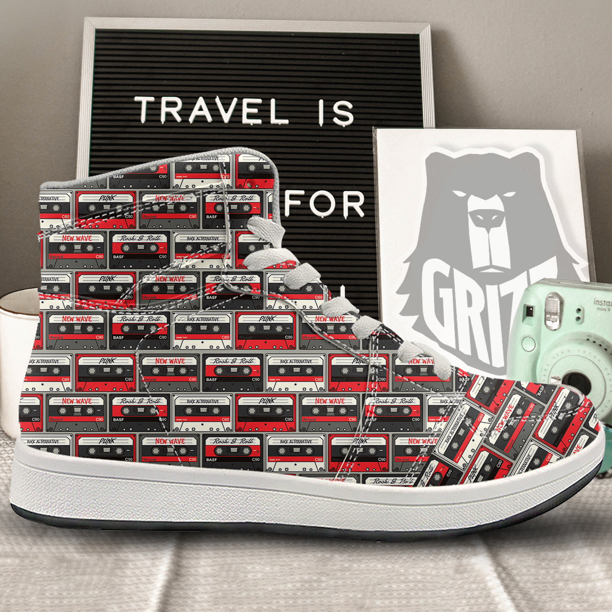 Cassette Red Punk Print Pattern High Top Sneakers-grizzshop