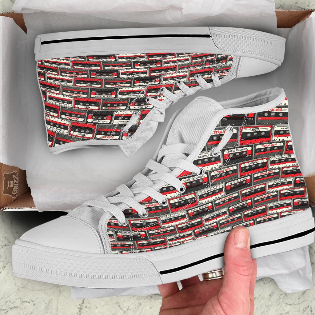 Cassette Red Punk Print Pattern White High Top Shoes-grizzshop