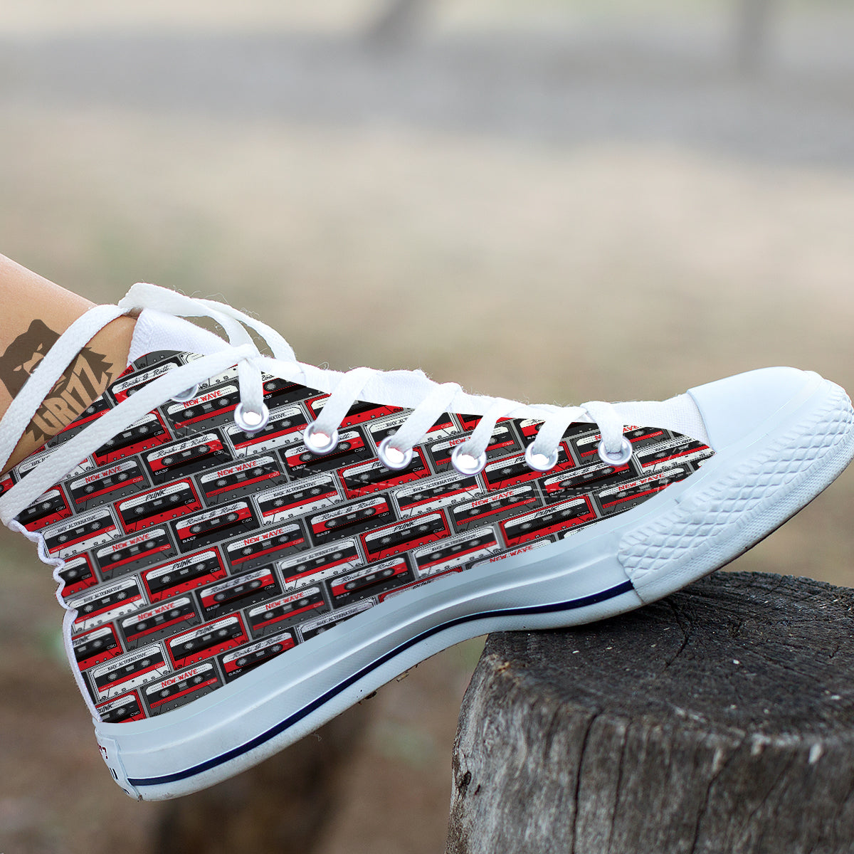 Cassette Red Punk Print Pattern White High Top Shoes-grizzshop