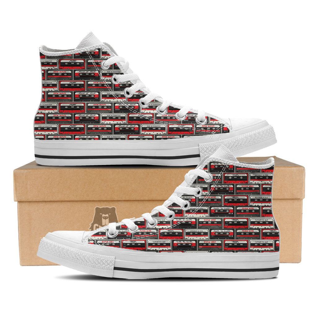 Cassette Red Punk Print Pattern White High Top Shoes-grizzshop