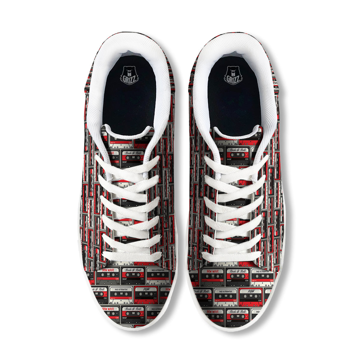 Cassette Red Punk Print Pattern White Low Top Sneakers-grizzshop