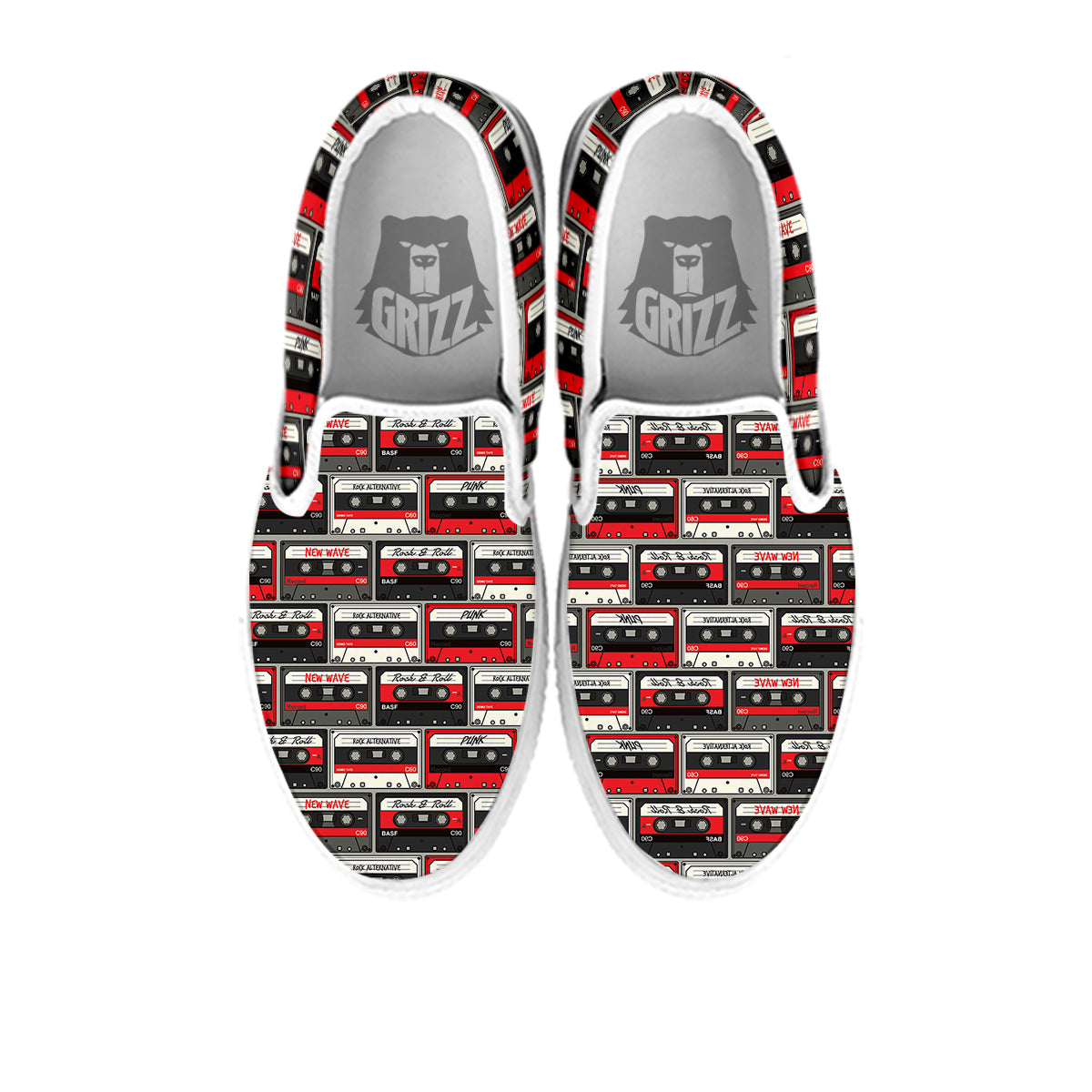 Cassette Red Punk Print Pattern White Slip On Shoes-grizzshop