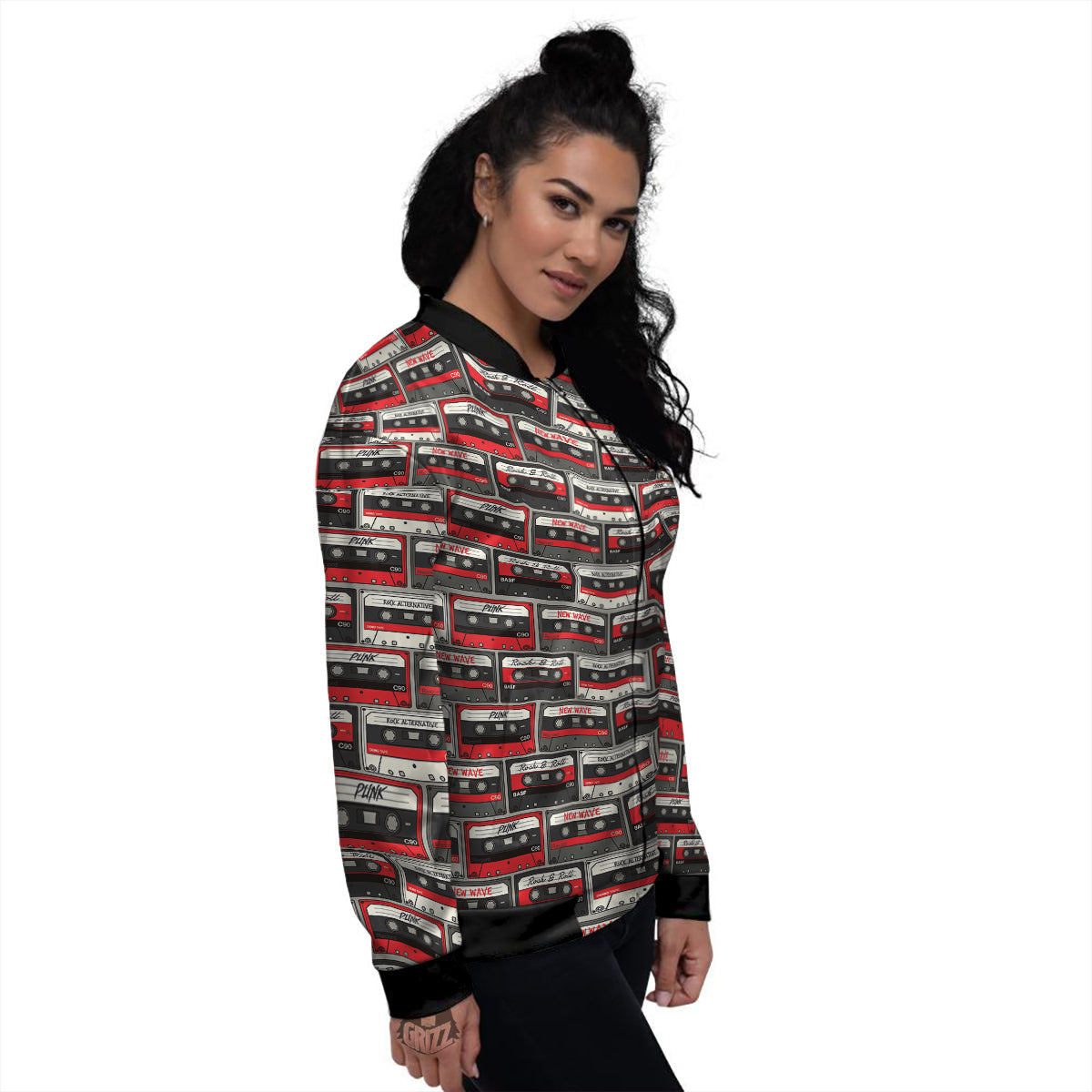 Cassette Red Punk Print Pattern Women's Bomber Jacket-grizzshop