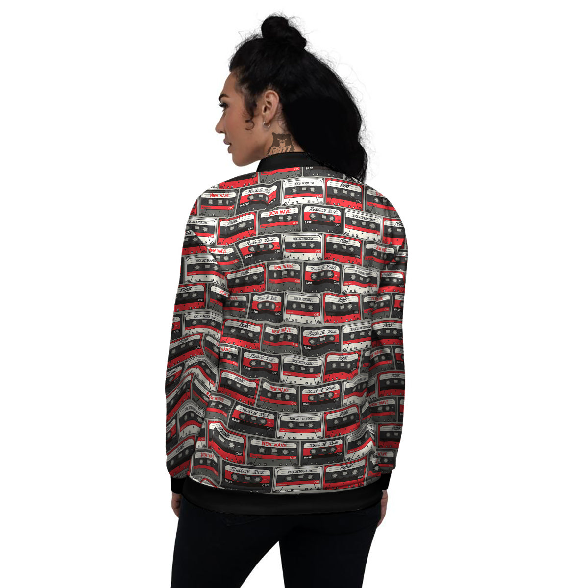 Cassette Red Punk Print Pattern Women's Bomber Jacket-grizzshop