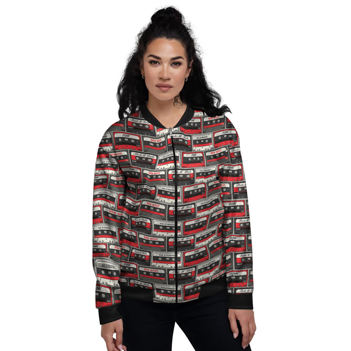 Cassette Red Punk Print Pattern Women's Bomber Jacket-grizzshop