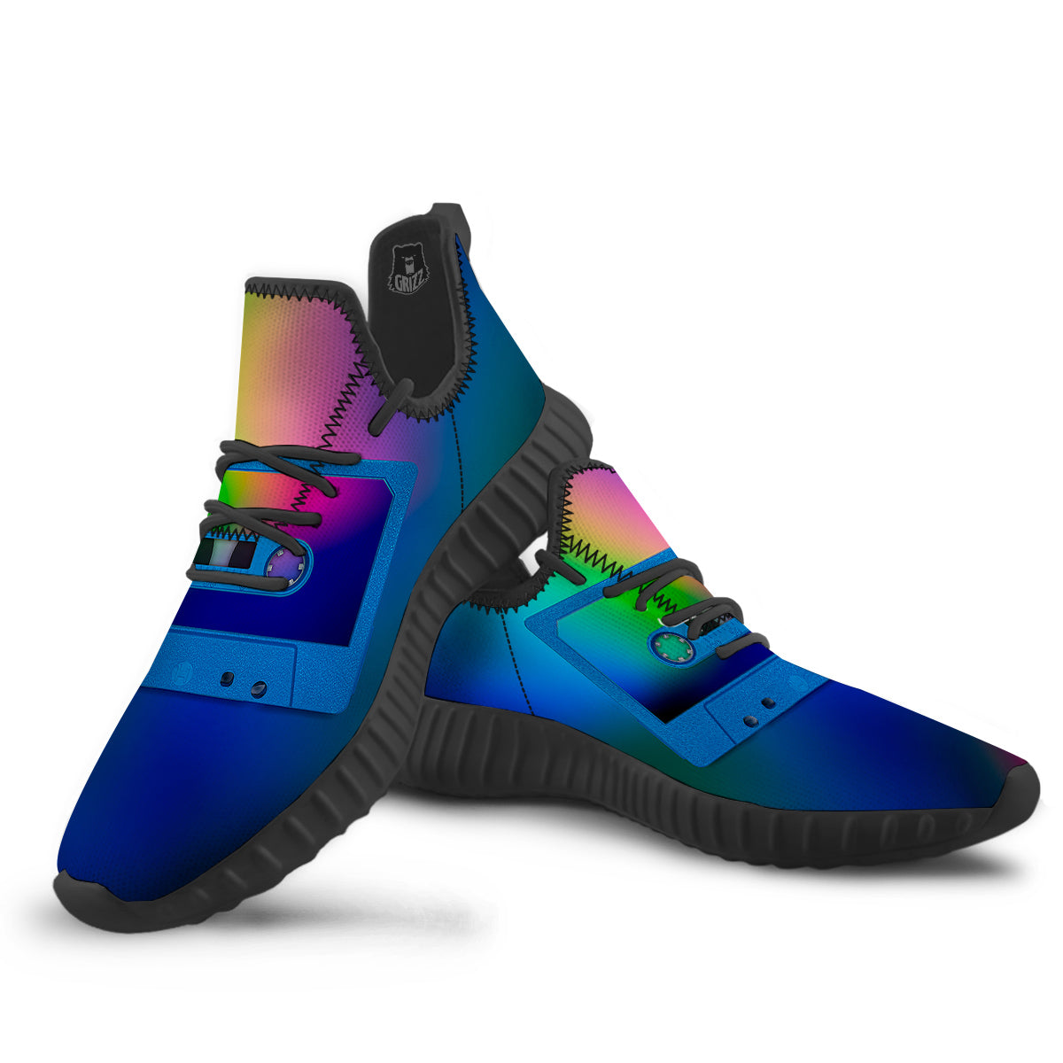 Cassette Tape Colorful Print Black Walking Shoes-grizzshop
