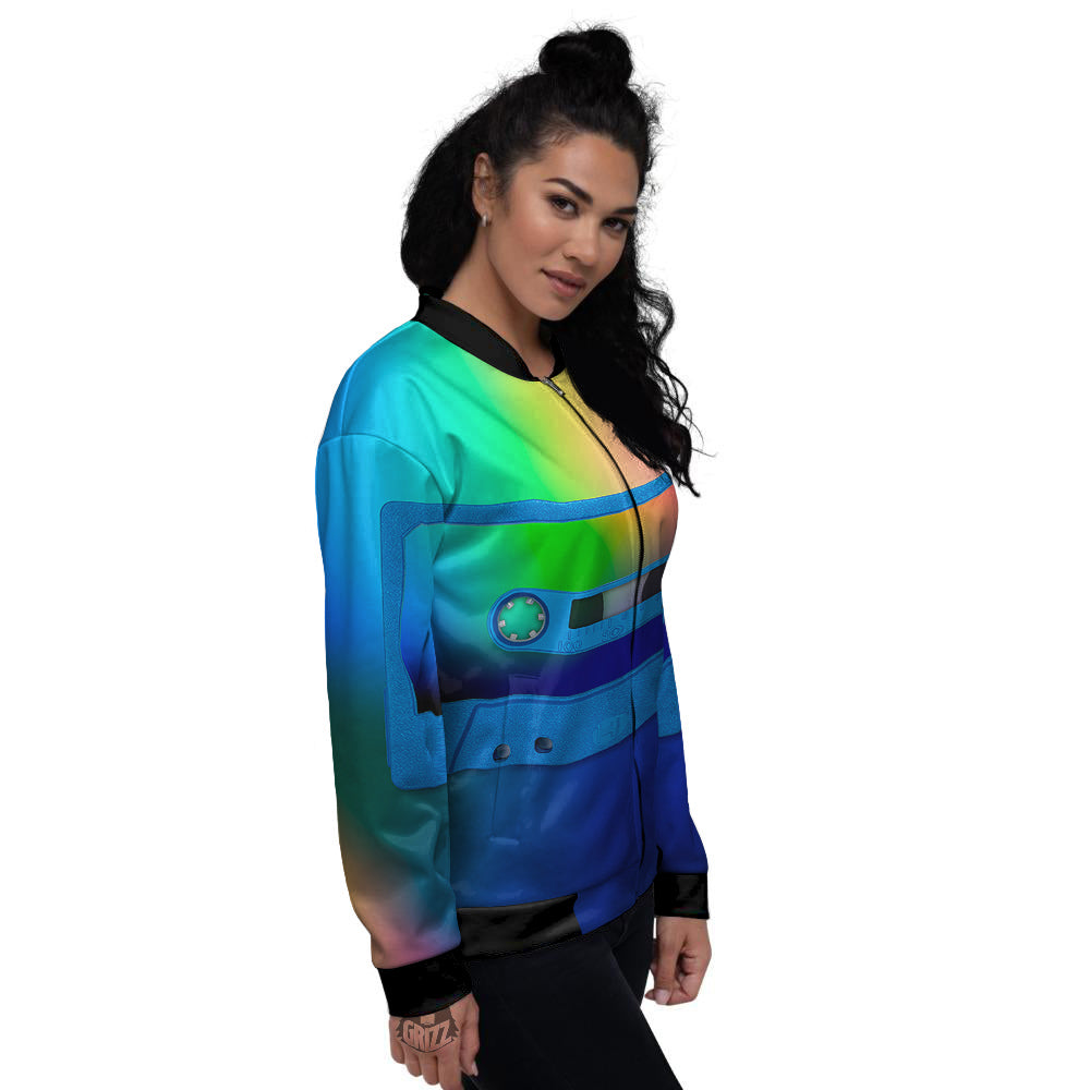 Cassette Tape Colorful Print Women's Bomber Jacket-grizzshop