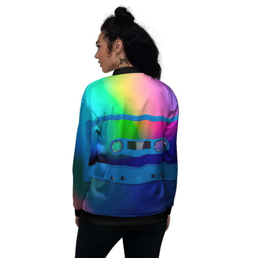 Cassette Tape Colorful Print Women's Bomber Jacket-grizzshop