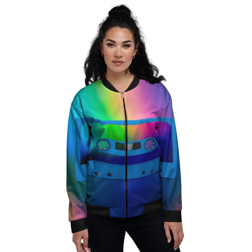 Cassette Tape Colorful Print Women's Bomber Jacket-grizzshop