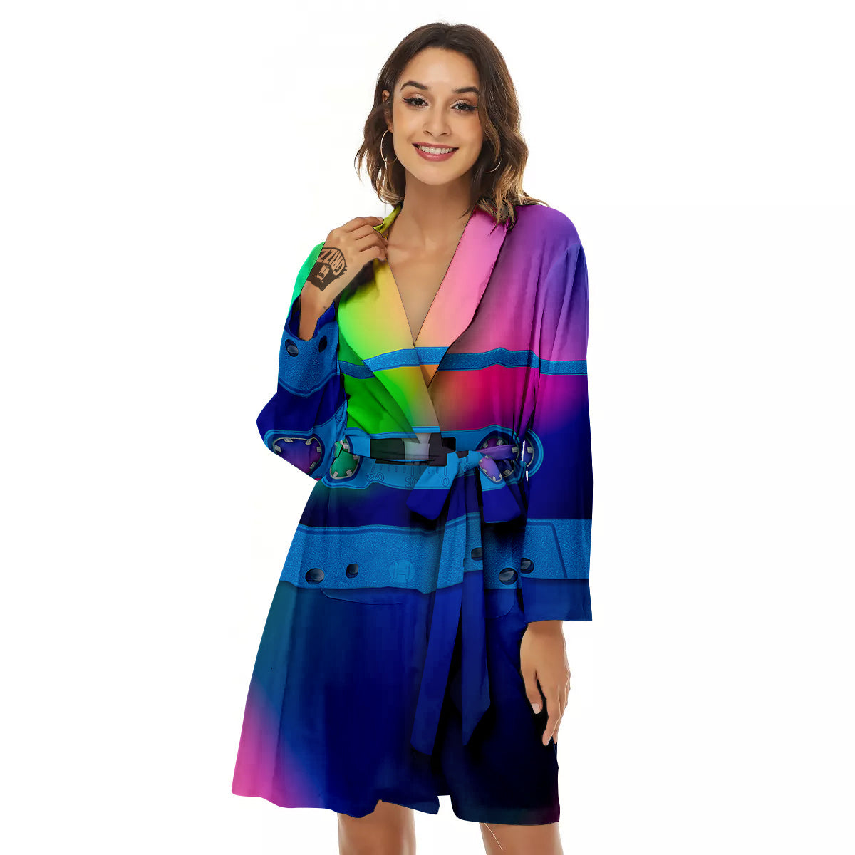 Cassette Tape Colorful Print Women's Robe-grizzshop