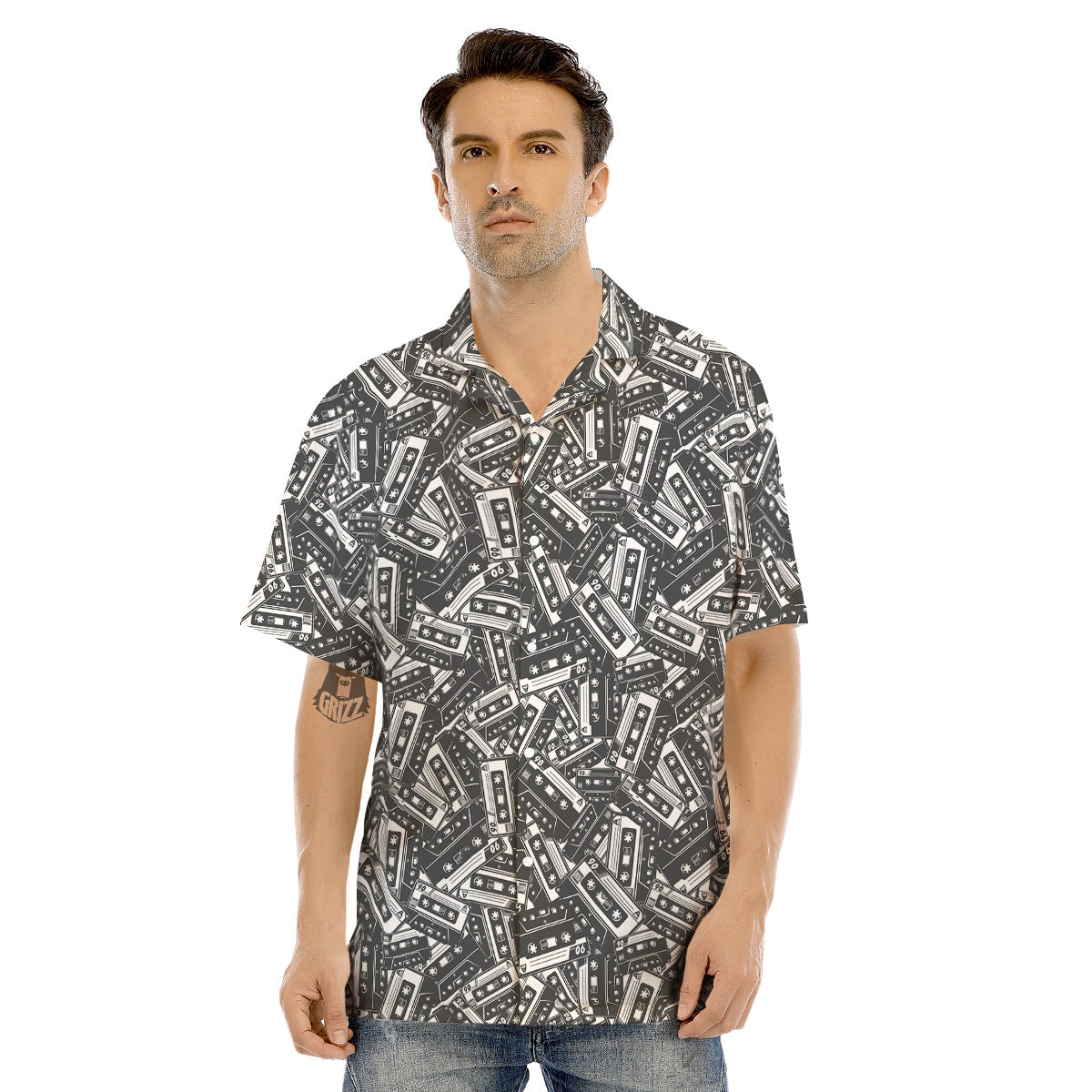 Cassette Tape Monochrome Print Pattern Men's Hawaiian Shirt-grizzshop