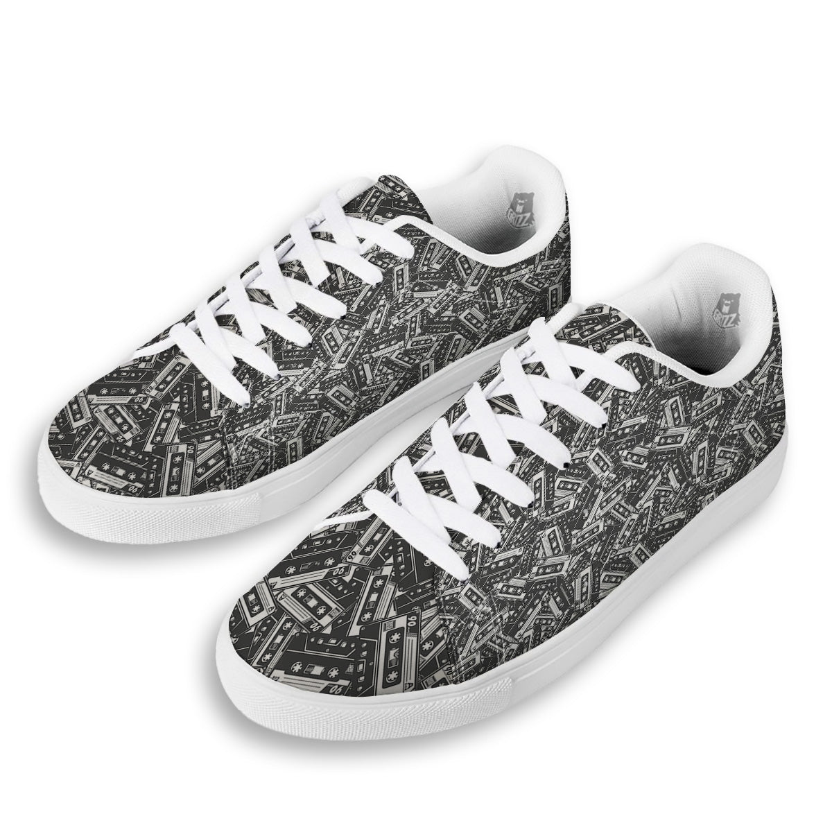 Cassette Tape Monochrome Print Pattern White Low Top Sneakers-grizzshop