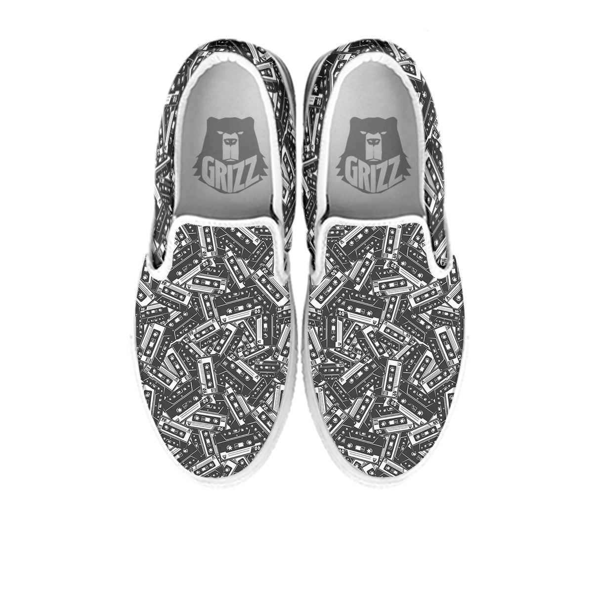 Cassette Tape Monochrome Print Pattern White Slip On Shoes-grizzshop