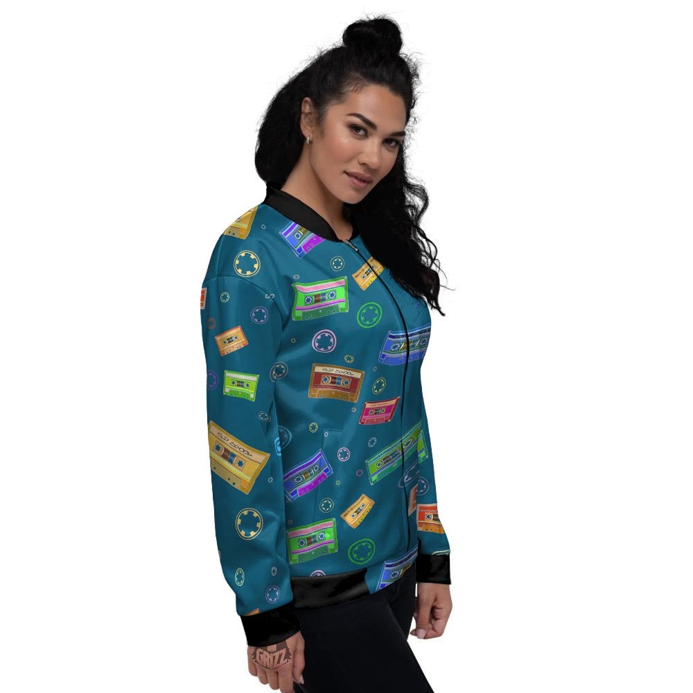 Cassette Tape Retro Print Pattern Women's Bomber Jacket-grizzshop