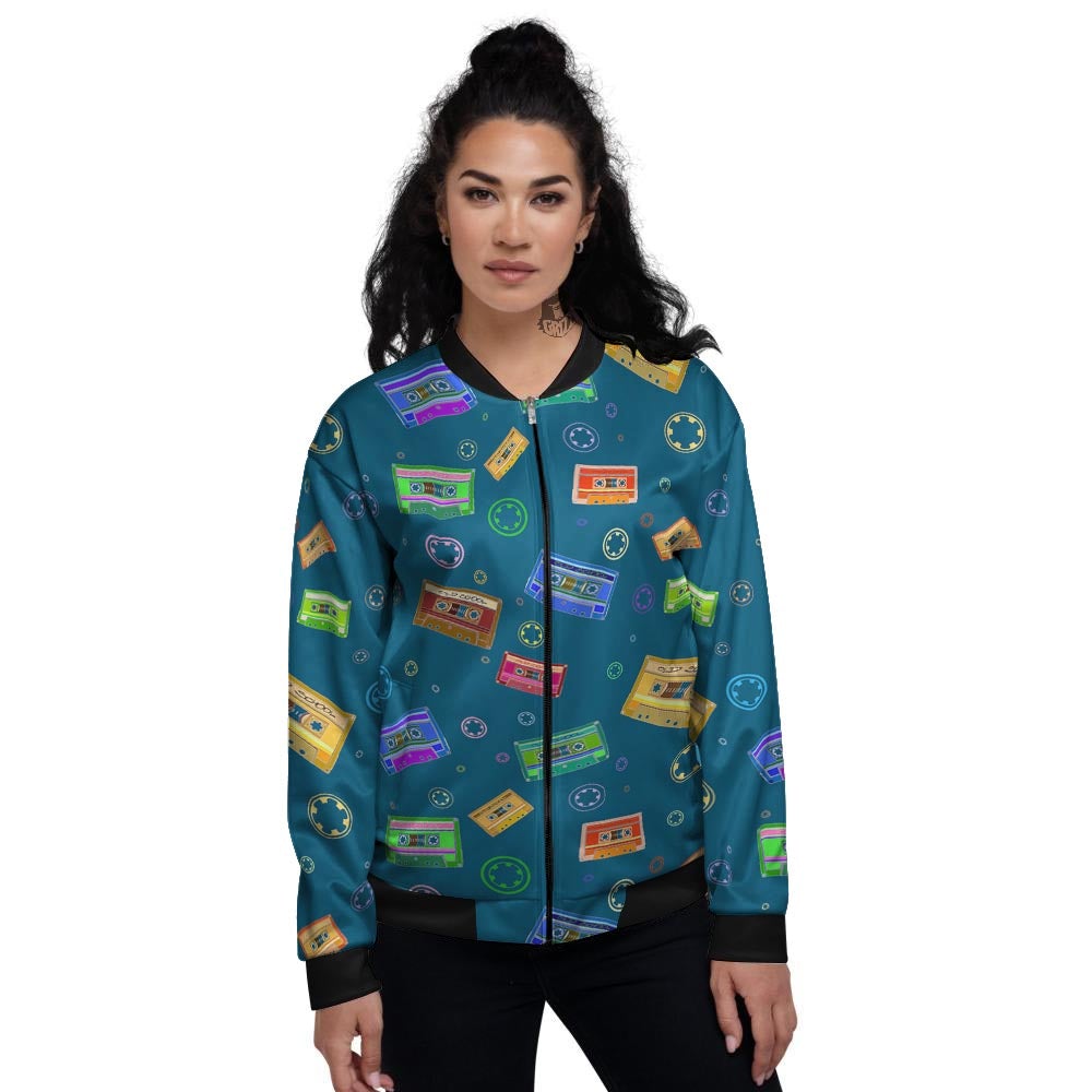 Cassette Tape Retro Print Pattern Women's Bomber Jacket-grizzshop