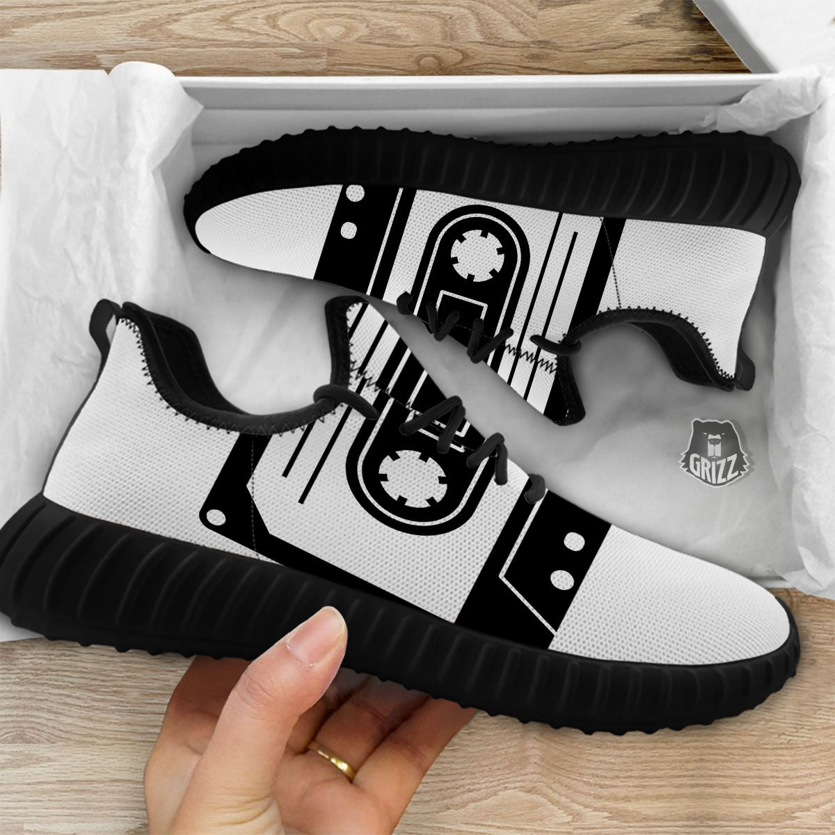 Cassette Tape White And Black Print Black Walking Shoes-grizzshop