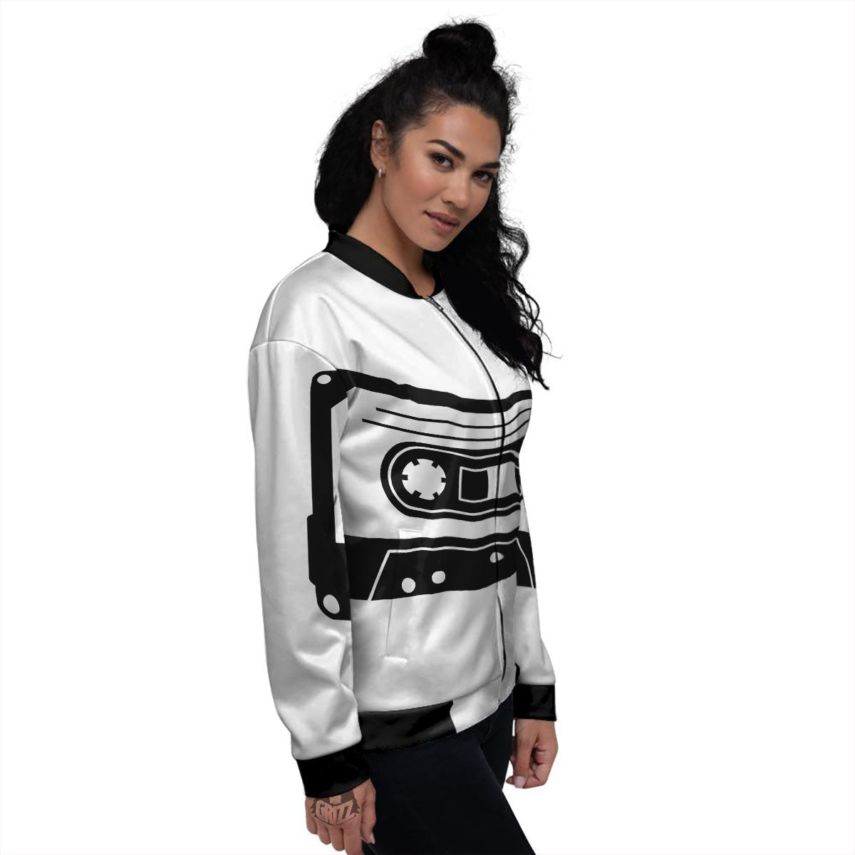 Cassette Tape White And Black Print Women's Bomber Jacket-grizzshop