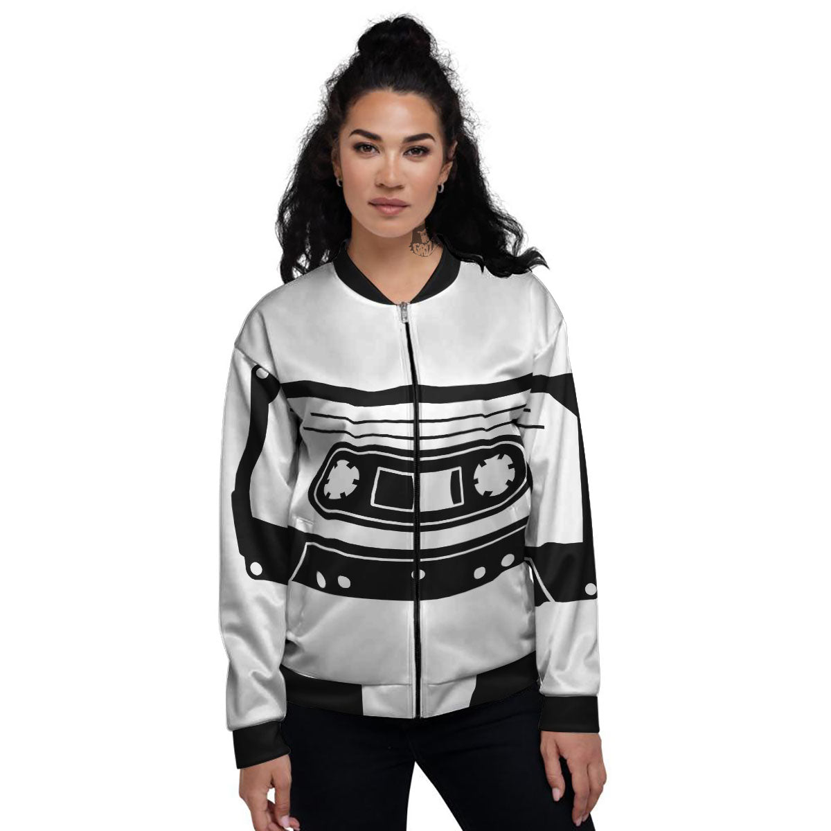 Cassette Tape White And Black Print Women's Bomber Jacket-grizzshop