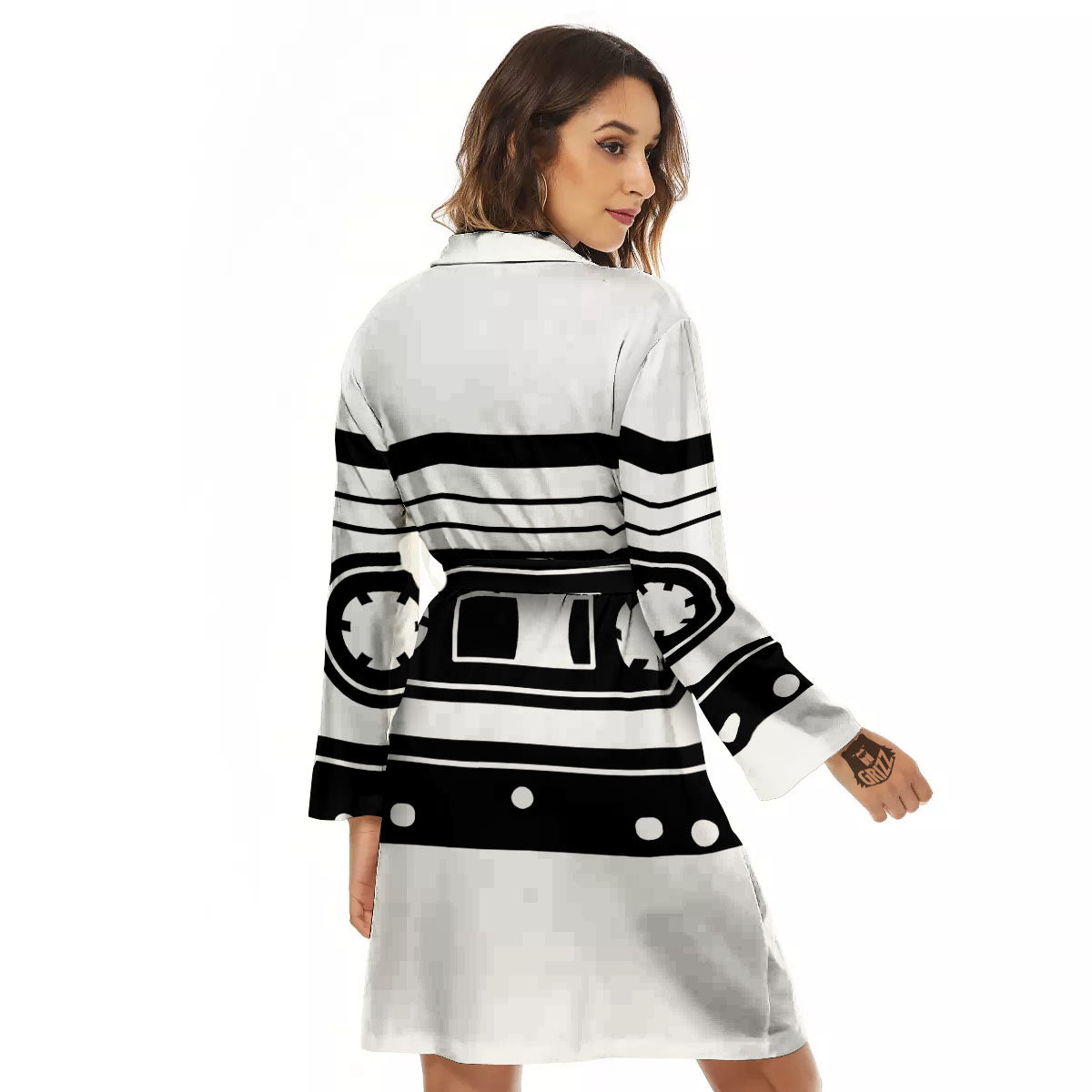 Cassette Tape White And Black Print Women's Robe-grizzshop