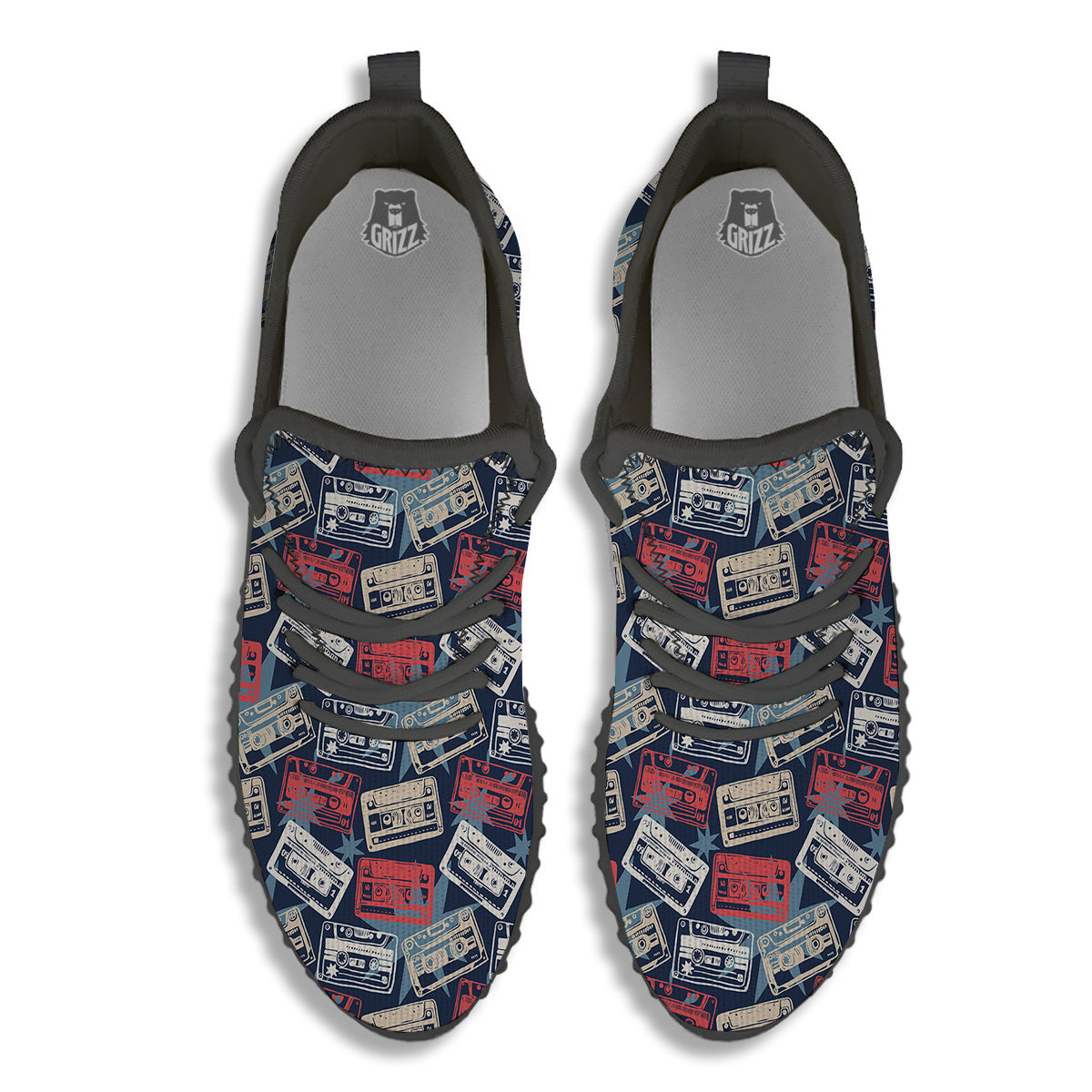 Cassette Vintage Print Pattern Black Walking Shoes-grizzshop