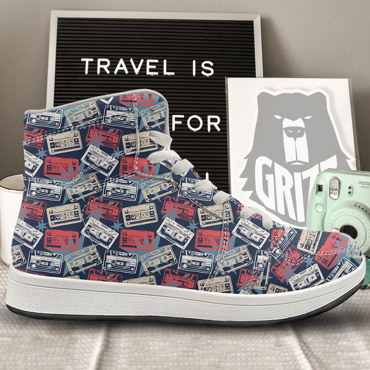 Cassette Vintage Print Pattern High Top Sneakers-grizzshop