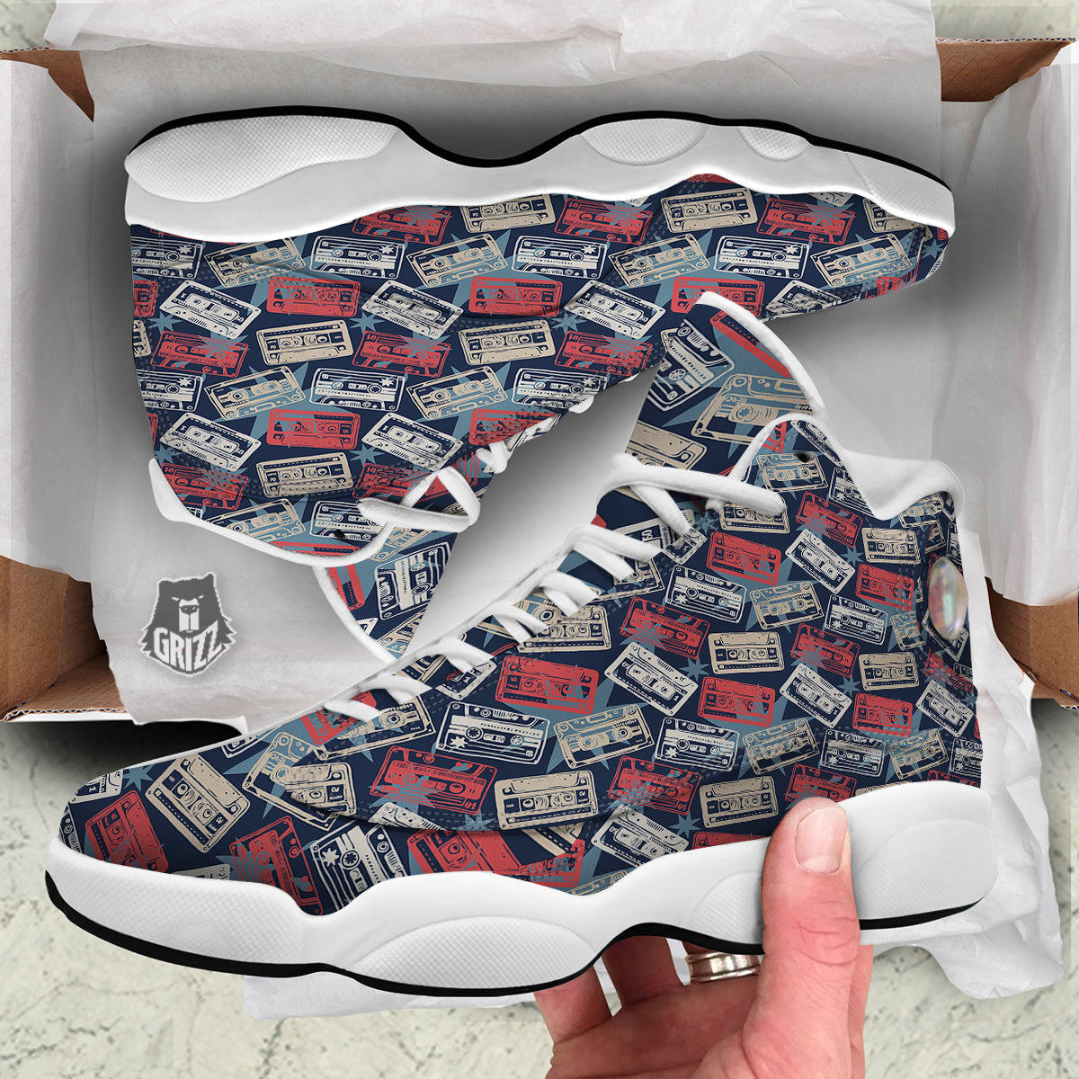 Cassette Vintage Print Pattern White Basketball Shoes-grizzshop