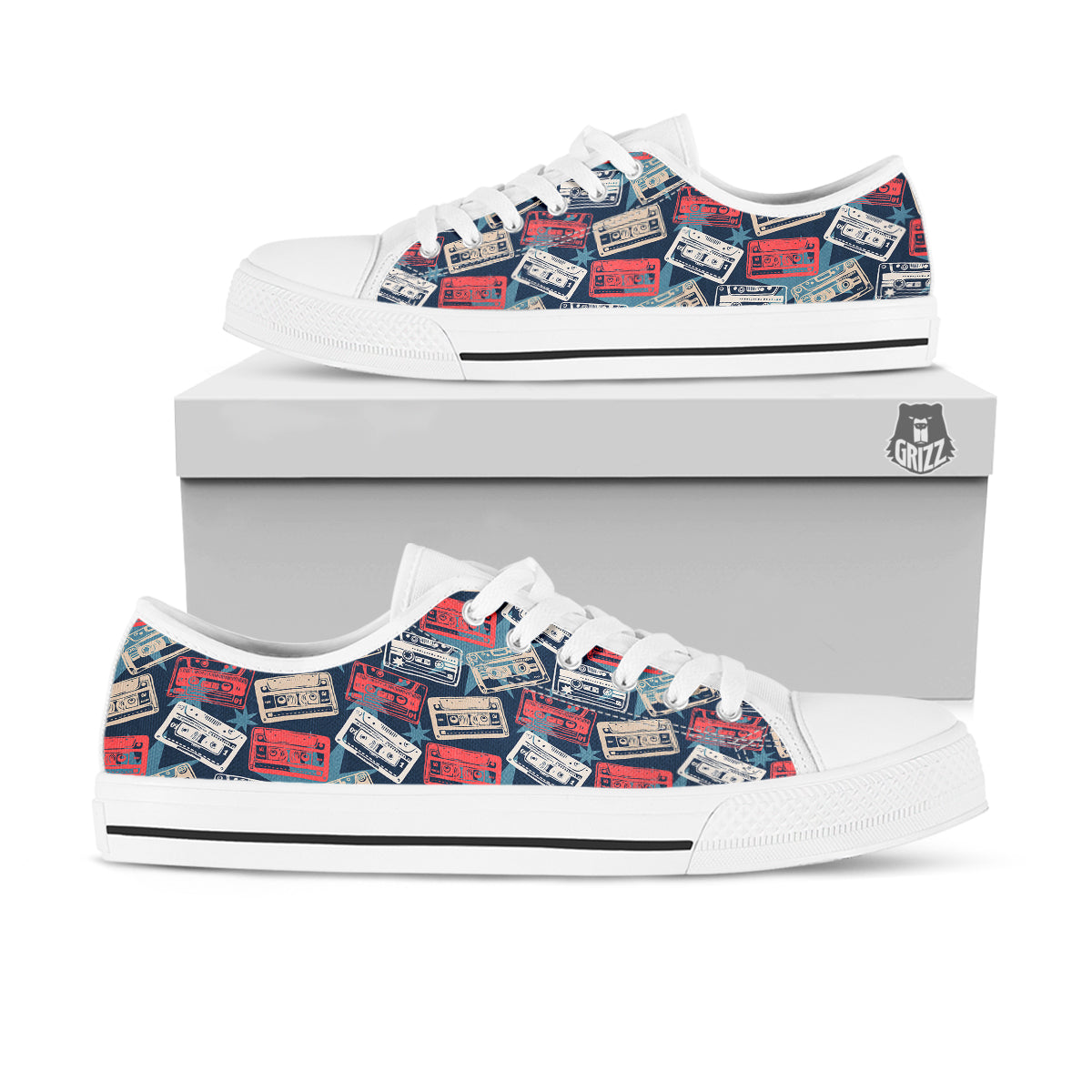 Cassette Vintage Print Pattern White Low Top Shoes-grizzshop