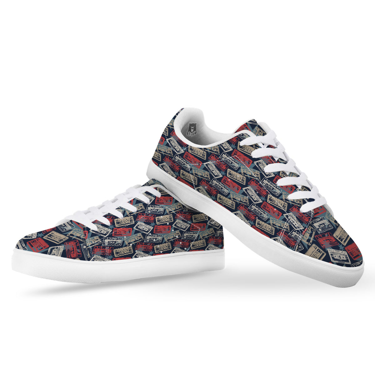 Cassette Vintage Print Pattern White Low Top Sneakers-grizzshop