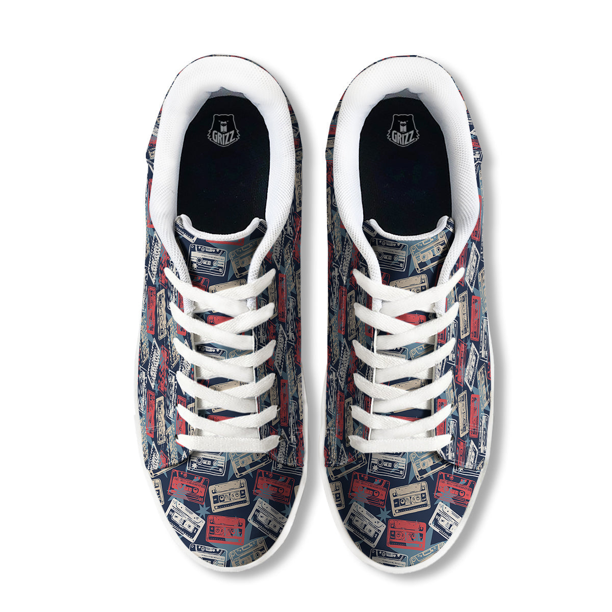 Cassette Vintage Print Pattern White Low Top Sneakers-grizzshop