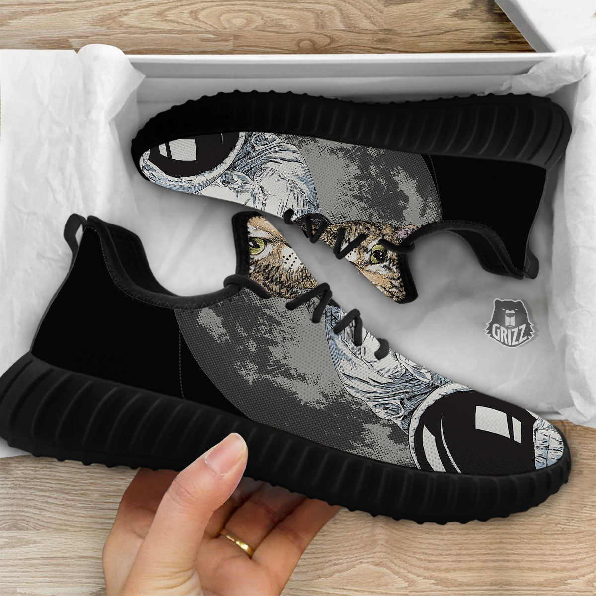 Cat American Astronaut On The Moon Print Black Walking Shoes-grizzshop