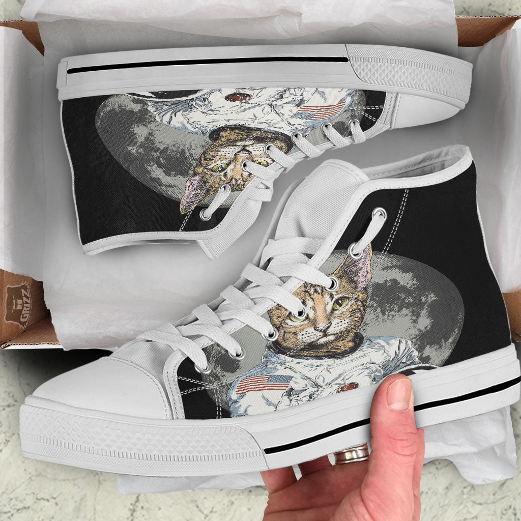 Cat American Astronaut On The Moon Print White High Top Shoes-grizzshop