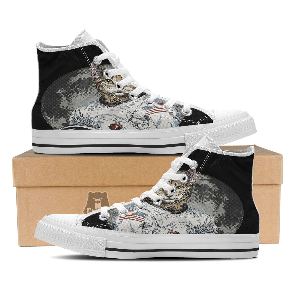 Cat American Astronaut On The Moon Print White High Top Shoes-grizzshop