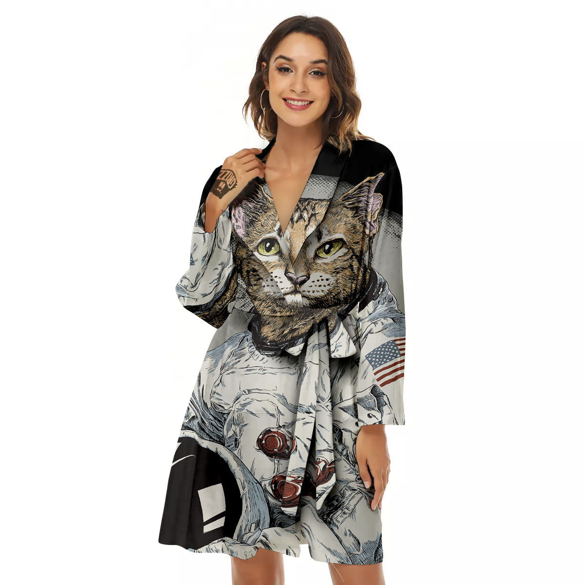 Cat American Astronaut On The Moon Print Women's Robe-grizzshop