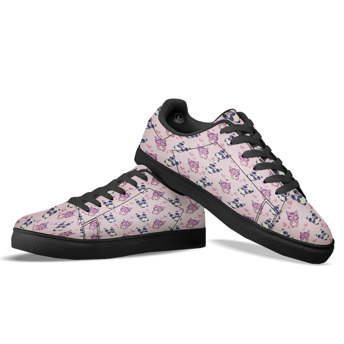 Cat And Panda Lover Print Pattern Black Low Top Sneakers-grizzshop