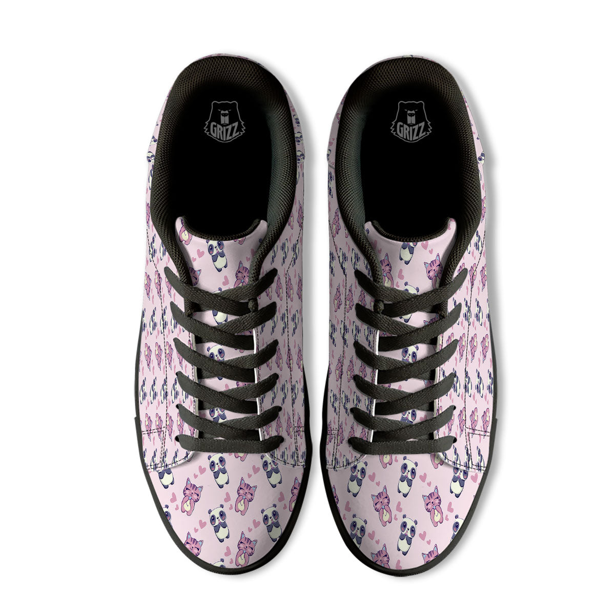 Cat And Panda Lover Print Pattern Black Low Top Sneakers-grizzshop