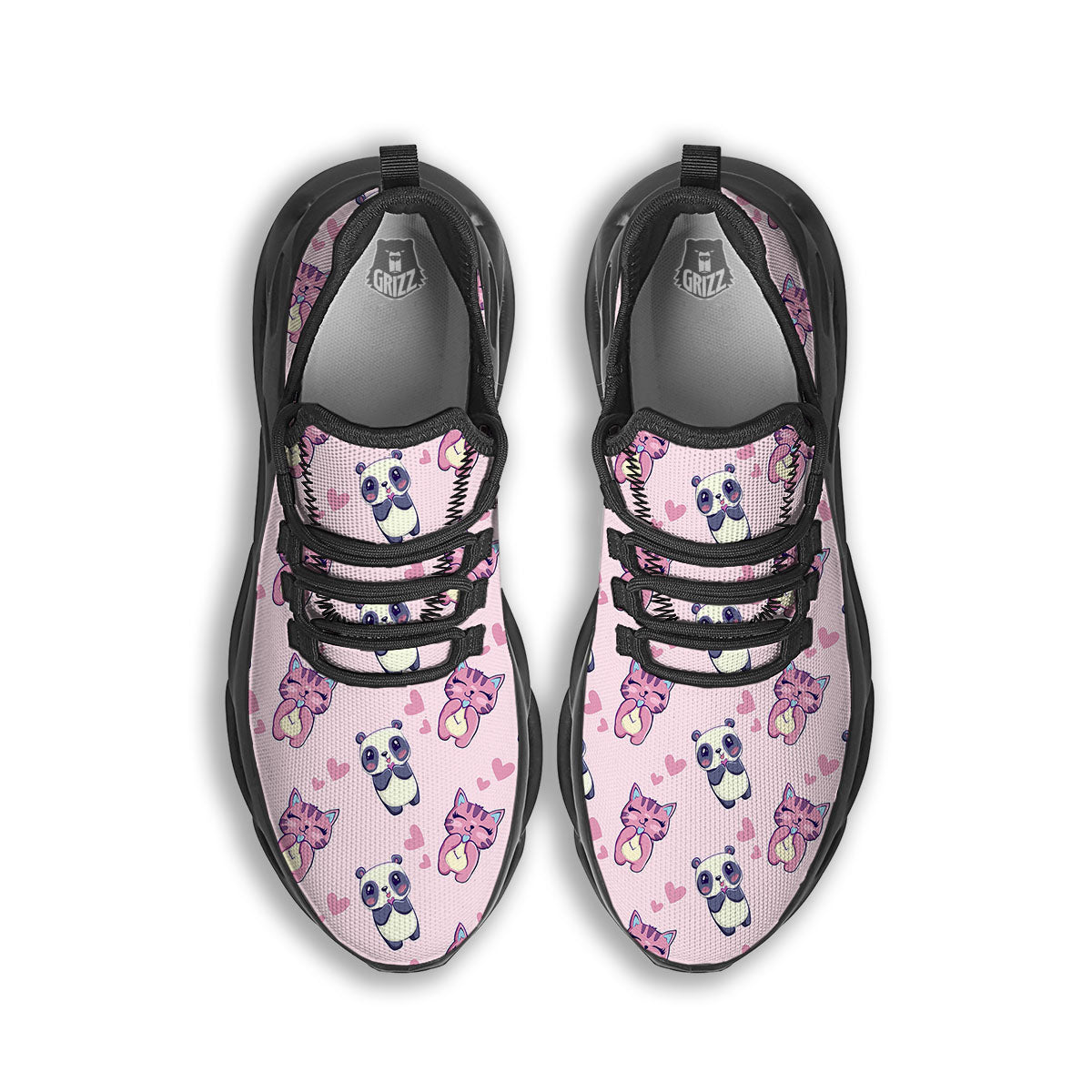 Cat And Panda Lover Print Pattern Black Running Shoes-grizzshop
