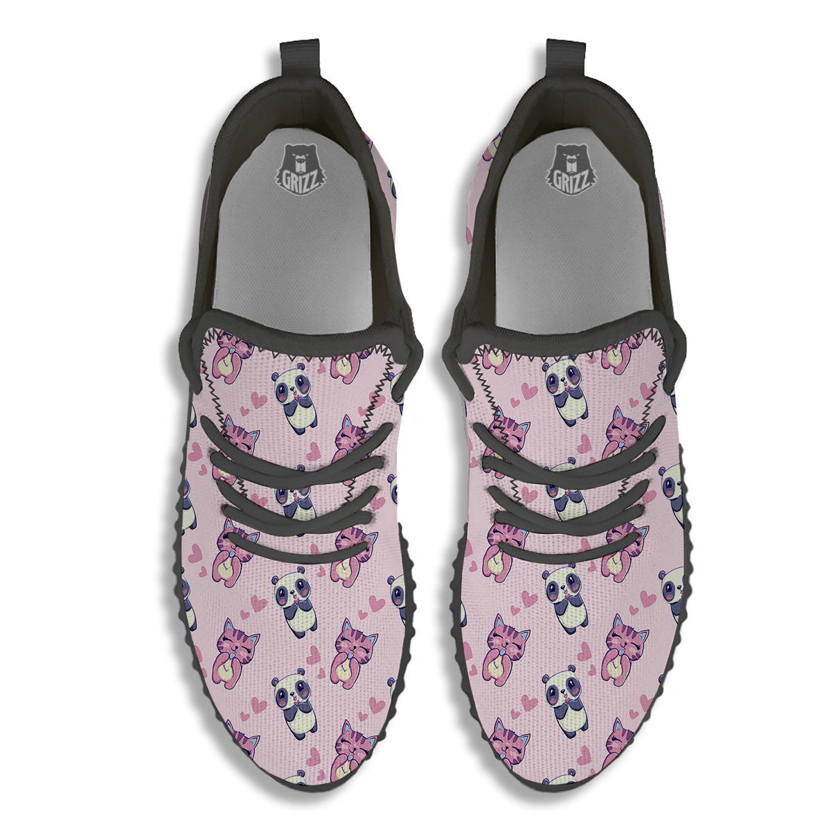 Cat And Panda Lover Print Pattern Black Walking Shoes-grizzshop