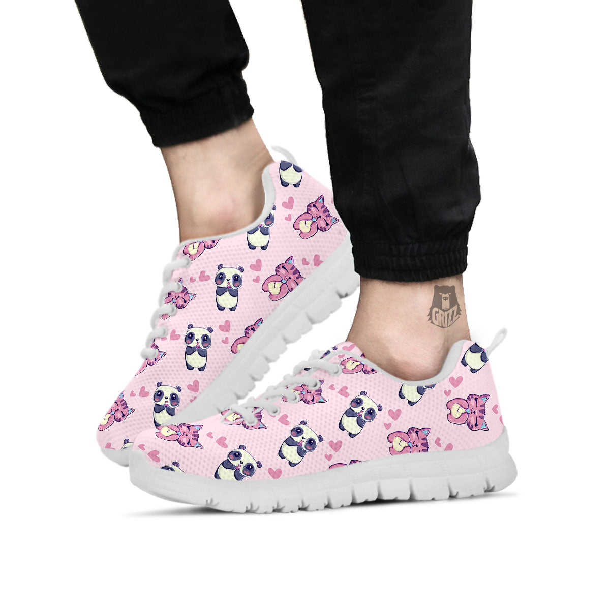 Cat And Panda Lover Print Pattern White Sneaker-grizzshop