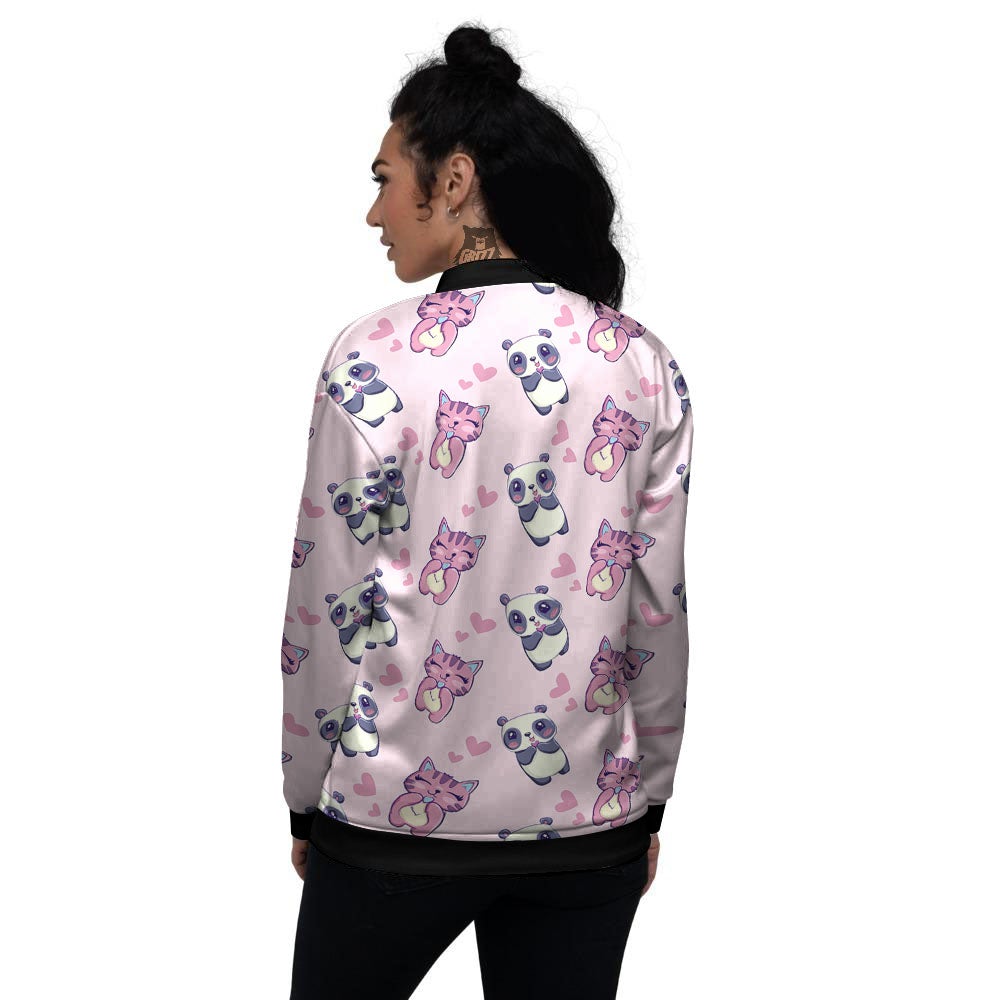 Cat And Panda Lover Print Pattern Women's Bomber Jacket-grizzshop