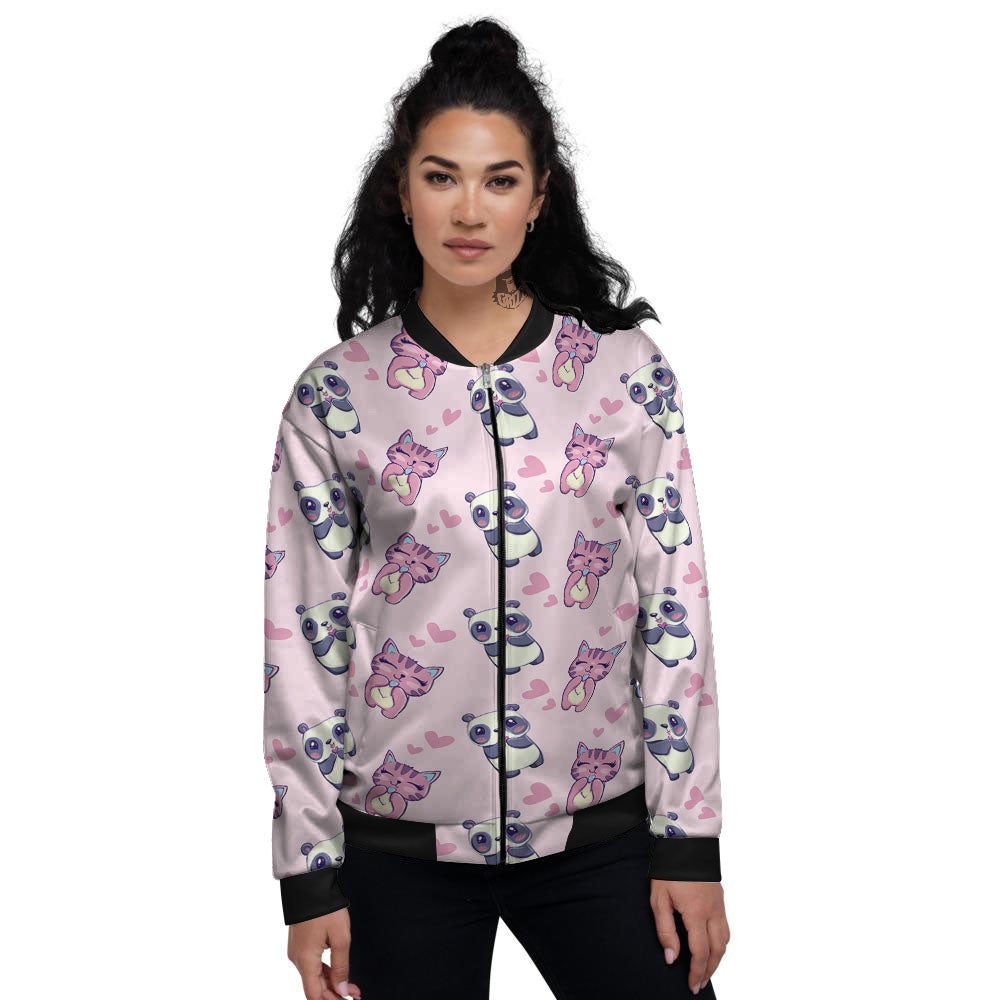 Cat And Panda Lover Print Pattern Women's Bomber Jacket-grizzshop