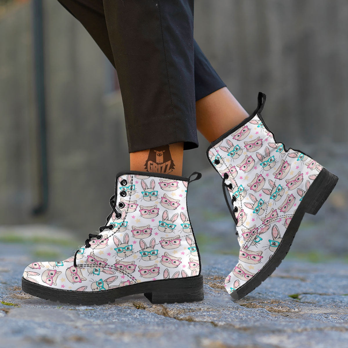 Cat And Rabbit Print Pattern Leather Boots-grizzshop