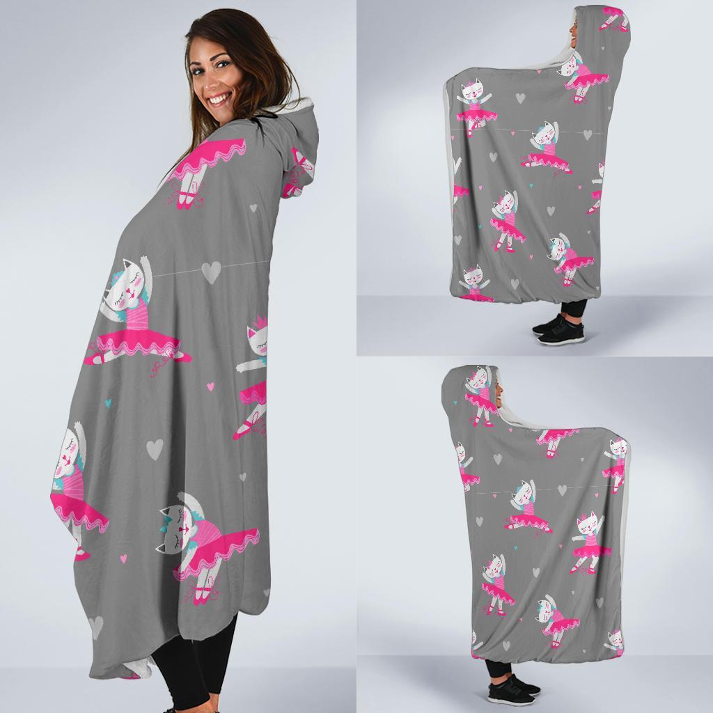 Cat Ballet Pattern Print Hooded Blanket-grizzshop
