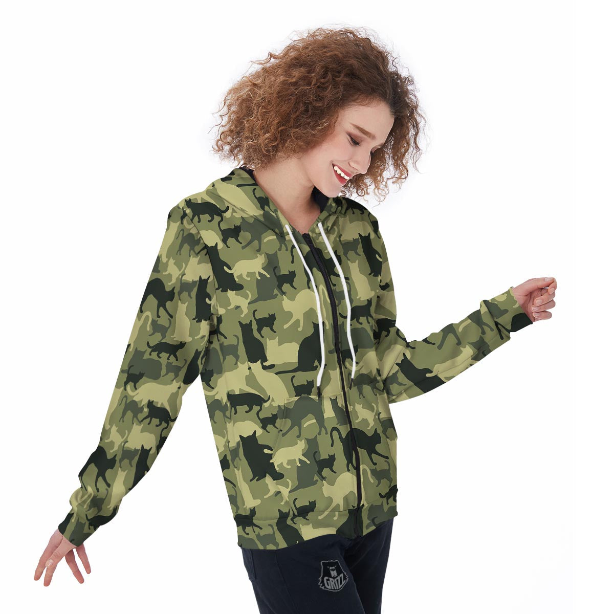 Cat Camouflage Print Women's Zip Up Hoodie-grizzshop