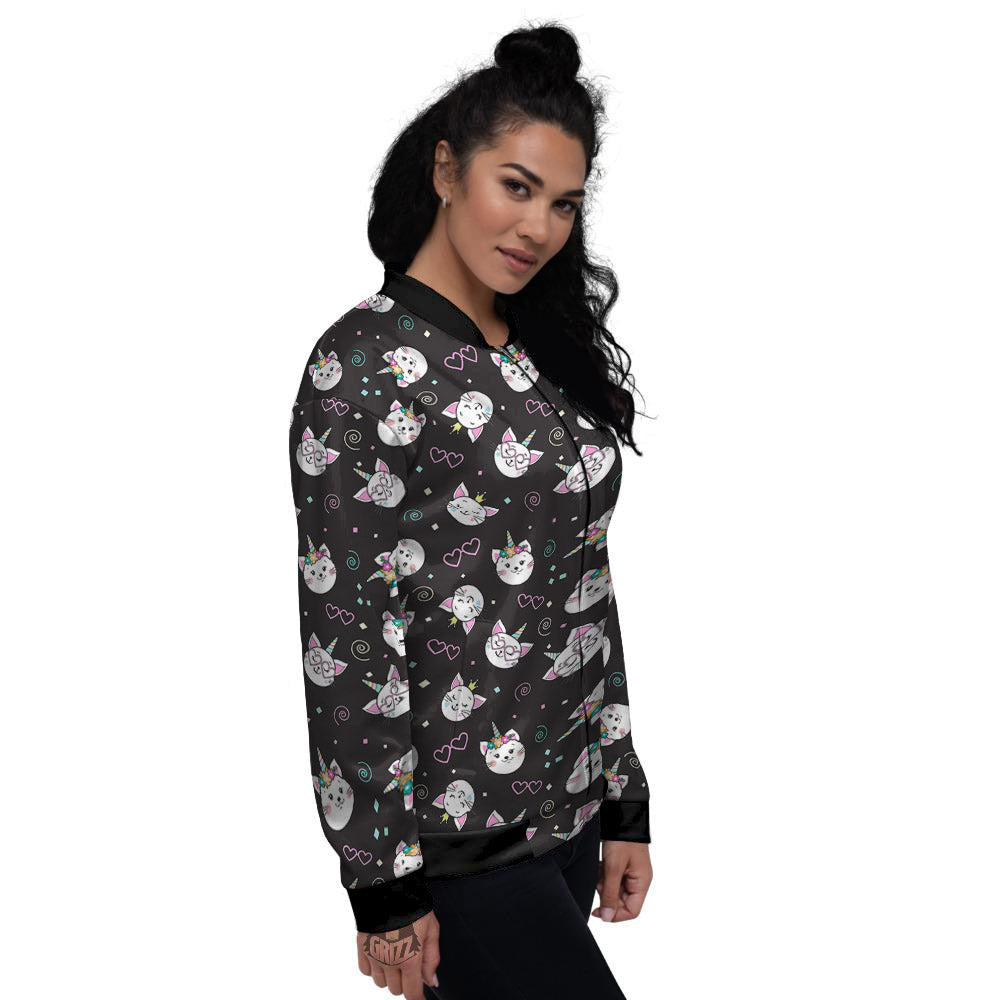 Cat Cute Black Print Pattern Women's Bomber Jacket-grizzshop