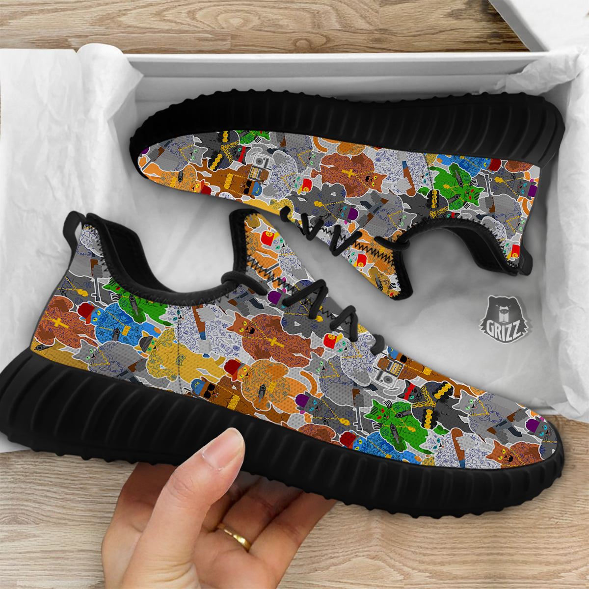 Cat Gangsta Colorful Print Pattern Black Walking Shoes-grizzshop