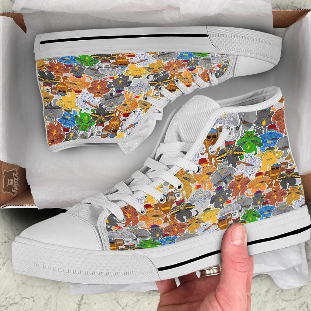 Cat Gangsta Colorful Print Pattern White High Top Shoes-grizzshop