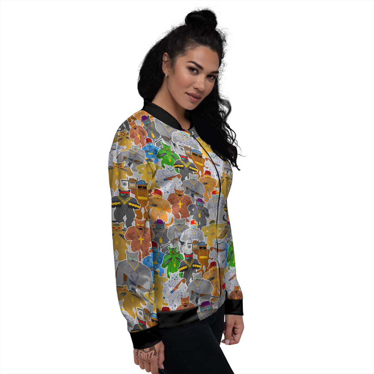 Cat Gangsta Colorful Print Pattern Women's Bomber Jacket-grizzshop