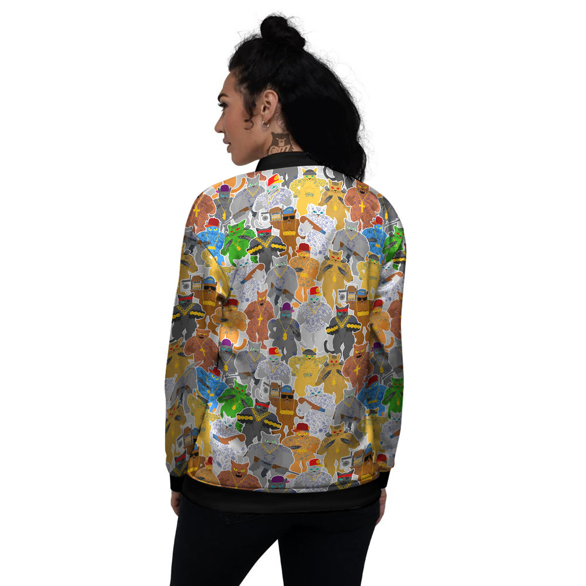 Cat Gangsta Colorful Print Pattern Women's Bomber Jacket-grizzshop