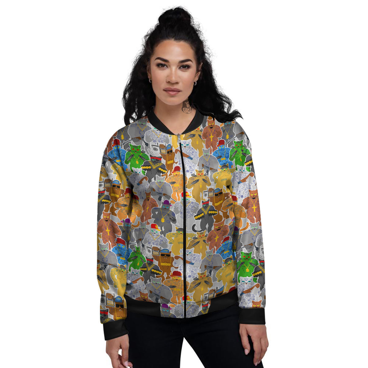 Cat Gangsta Colorful Print Pattern Women's Bomber Jacket-grizzshop