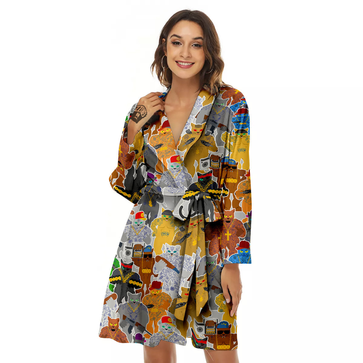 Cat Gangsta Colorful Print Pattern Women's Robe-grizzshop